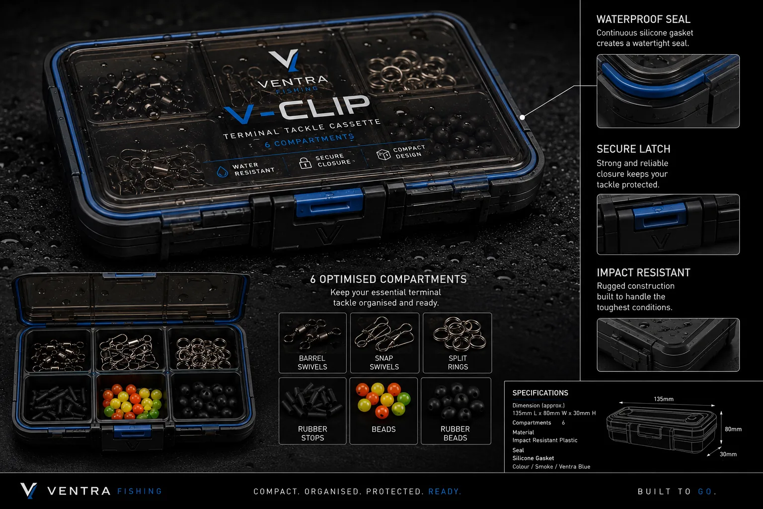 V-CLIP detail board showing waterproof seal, secure latch, impact-resistant shell and six optimised compartments
