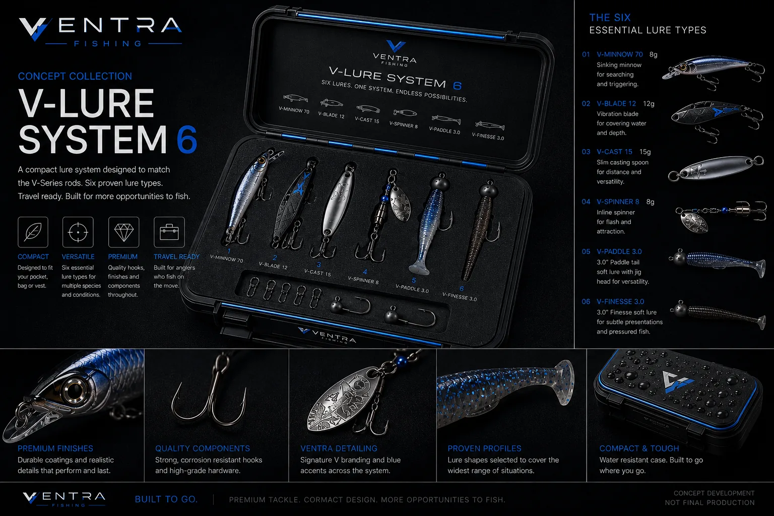 V-Lure System 6 board from Ventra Fishing showing the six lure types laid out in a compact hard case