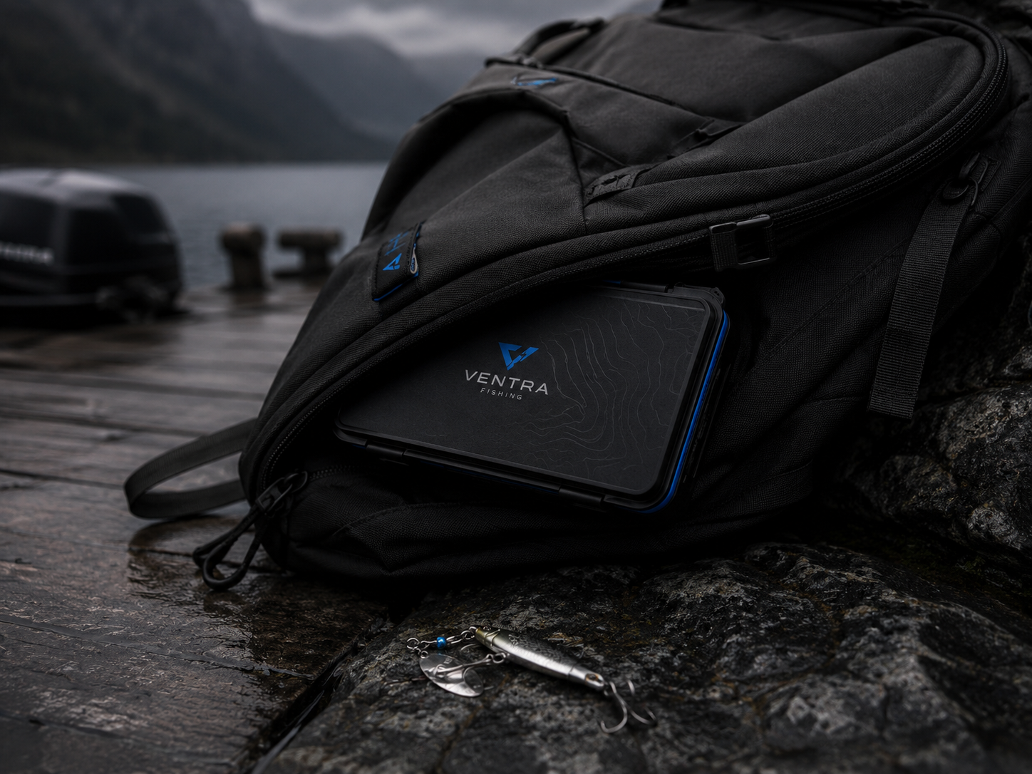 Closed V-Lure System 6 case stowed in the pocket of a black backpack on a wet dock beside a lake