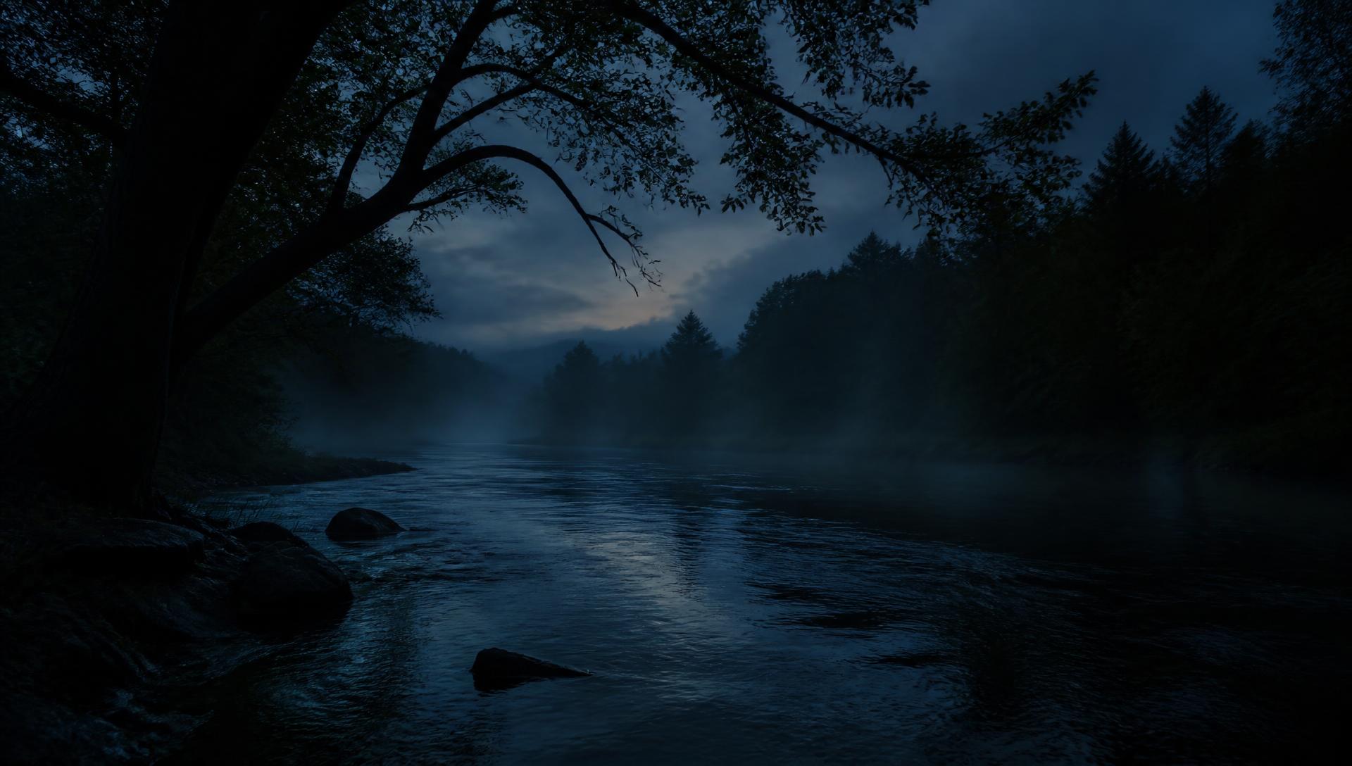 Quiet river running through dark trees in low evening light