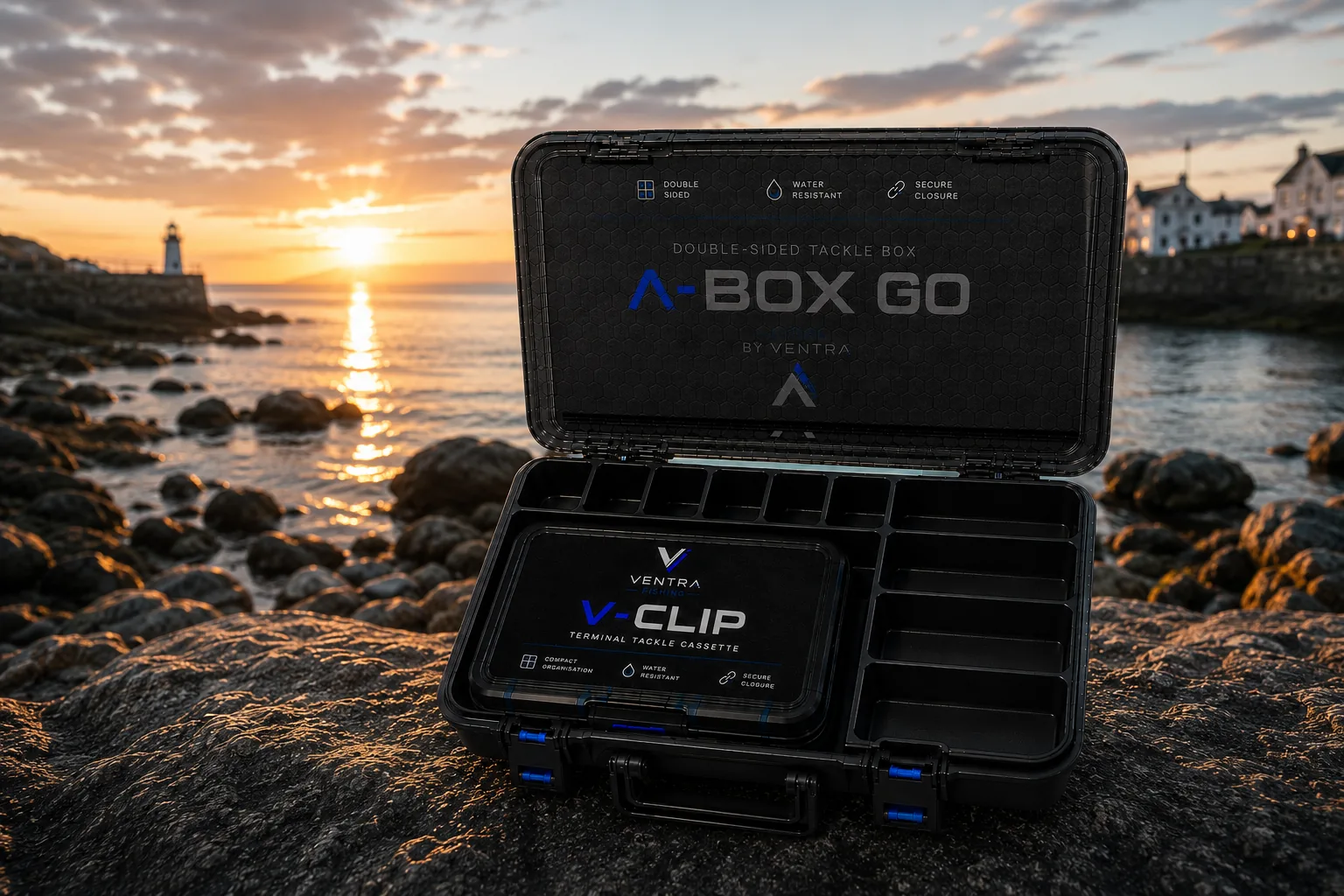 V-BOX GO tackle box open at sunset on a rocky shore, V-CLIP inserted