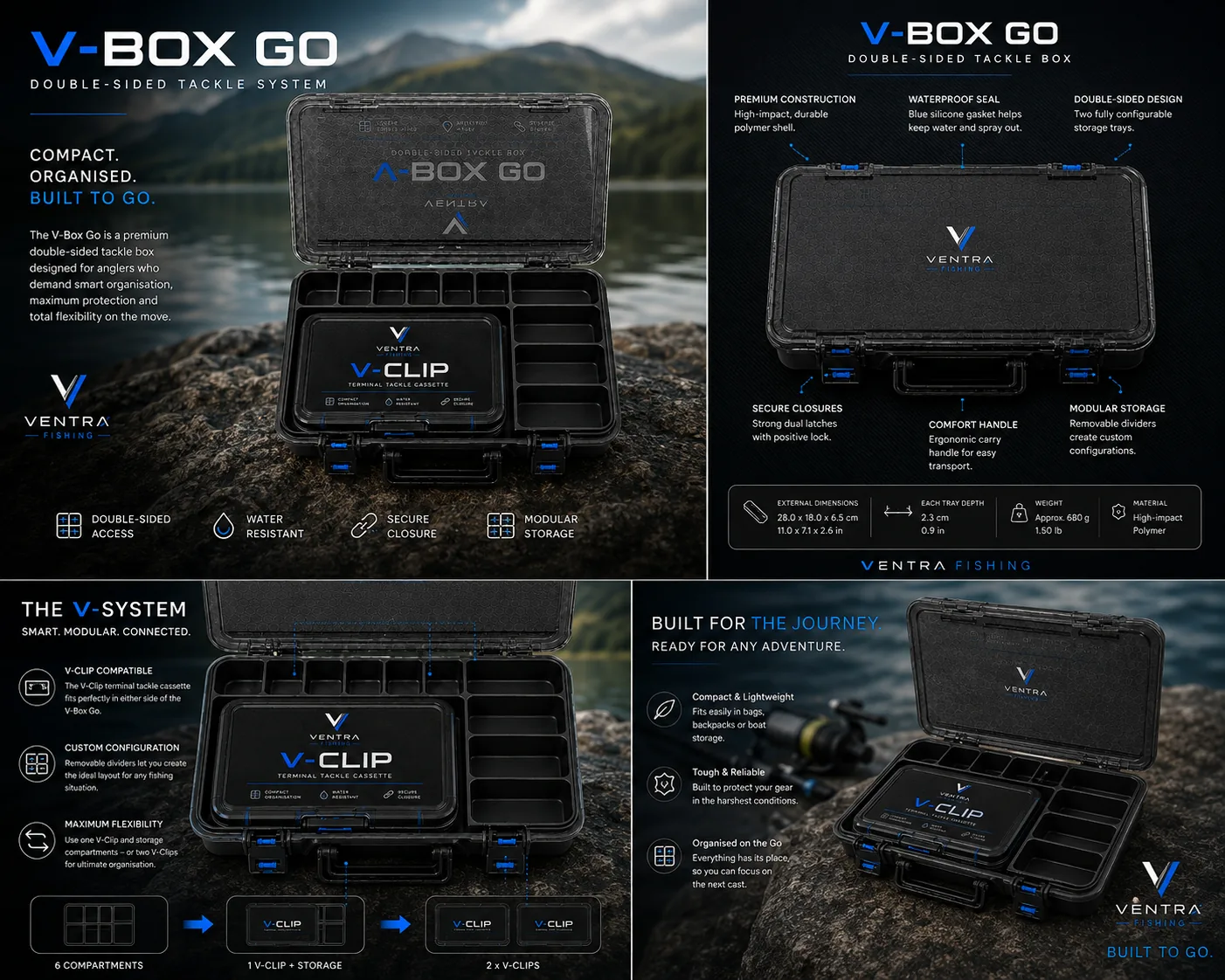 V-BOX GO feature board showing construction, waterproof seal, modular storage and V-CLIP compatibility