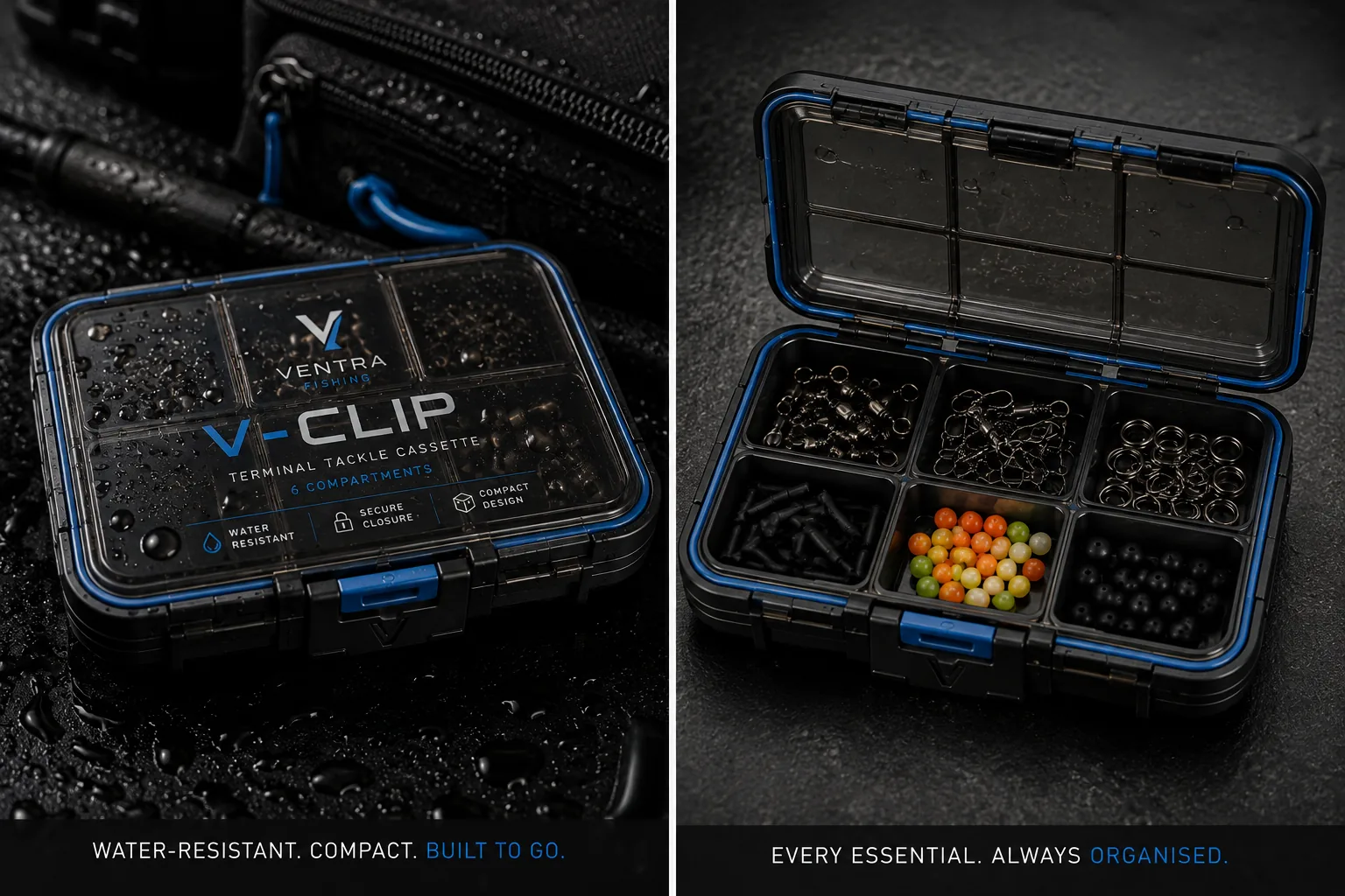 V-CLIP terminal tackle cassette shown closed and open with six organised compartments