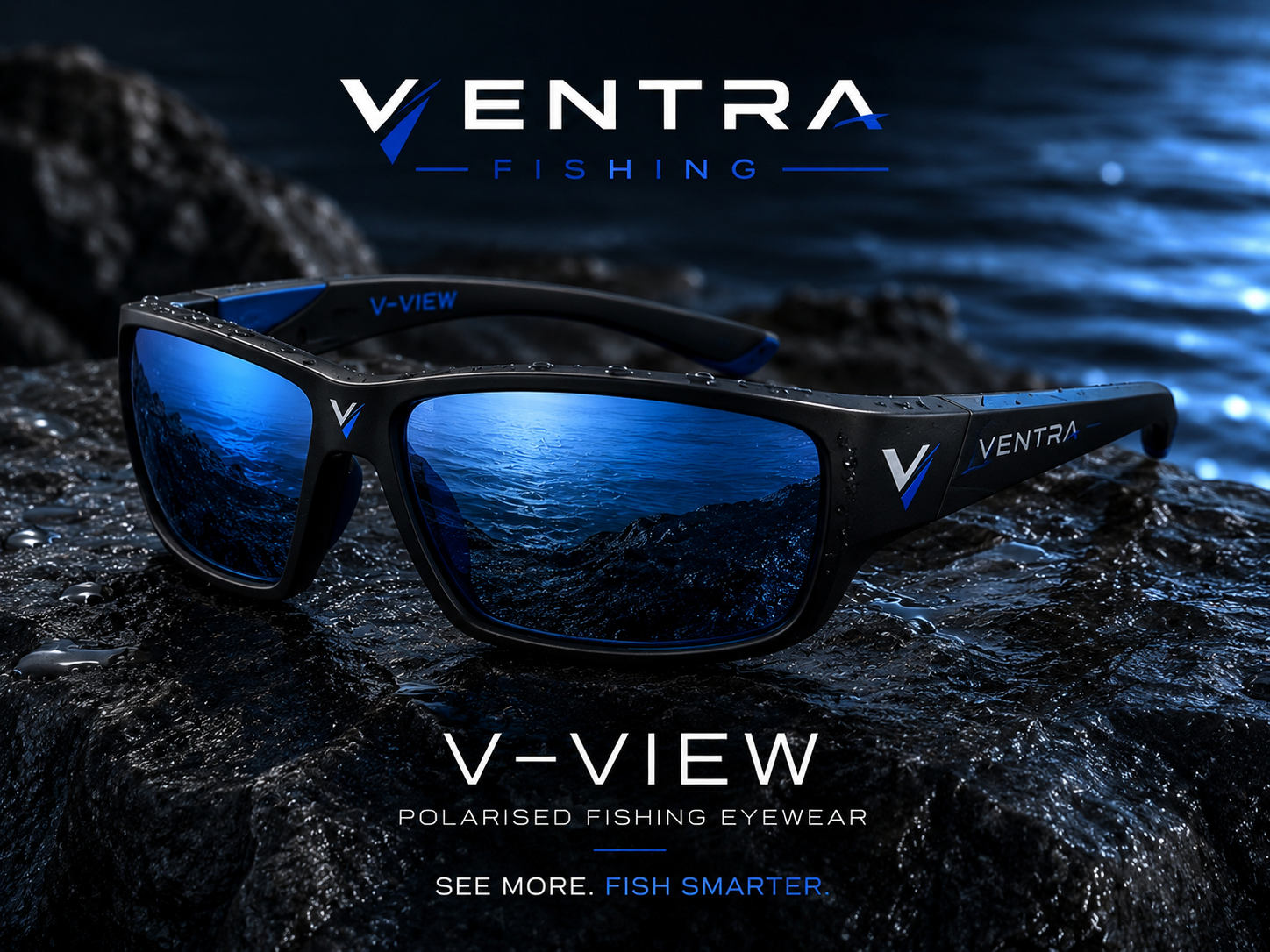V-VIEW polarised fishing sunglasses on wet dark rock, reflecting coastal water