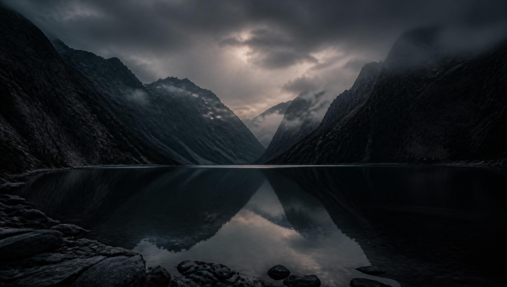 Dark alpine lake between steep mountains at dusk