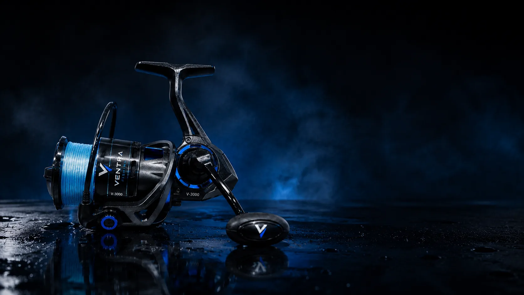 V-3000 spinning reel lit in blue against dark smoke, wide cinematic view