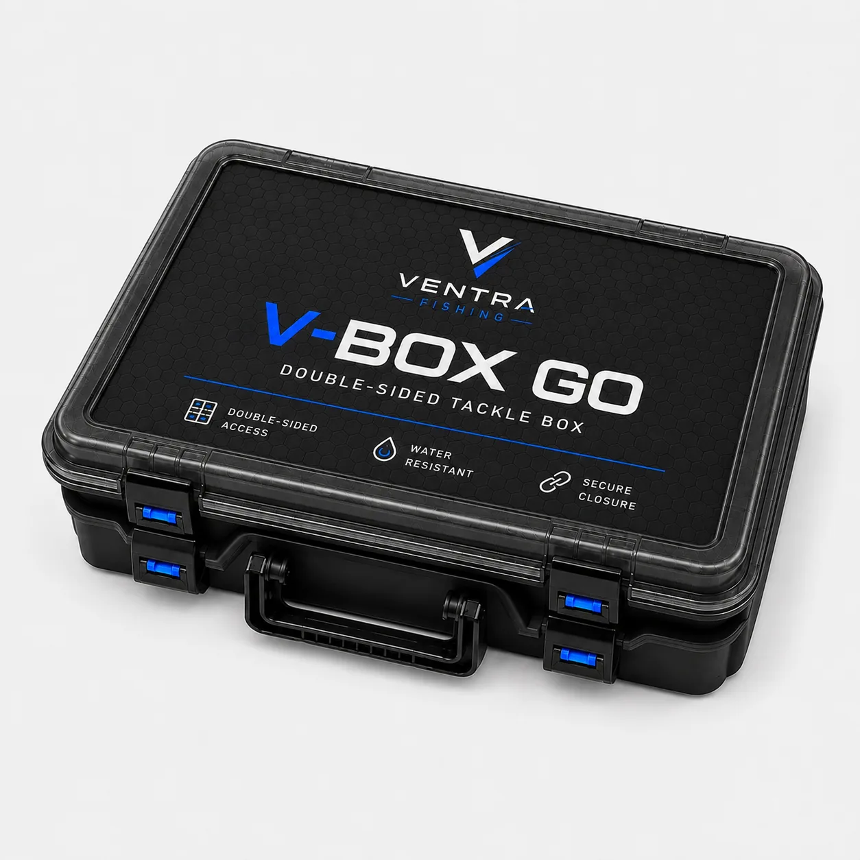 V-BOX GO tackle box at an angle showing the moulded lid and dual secure latches