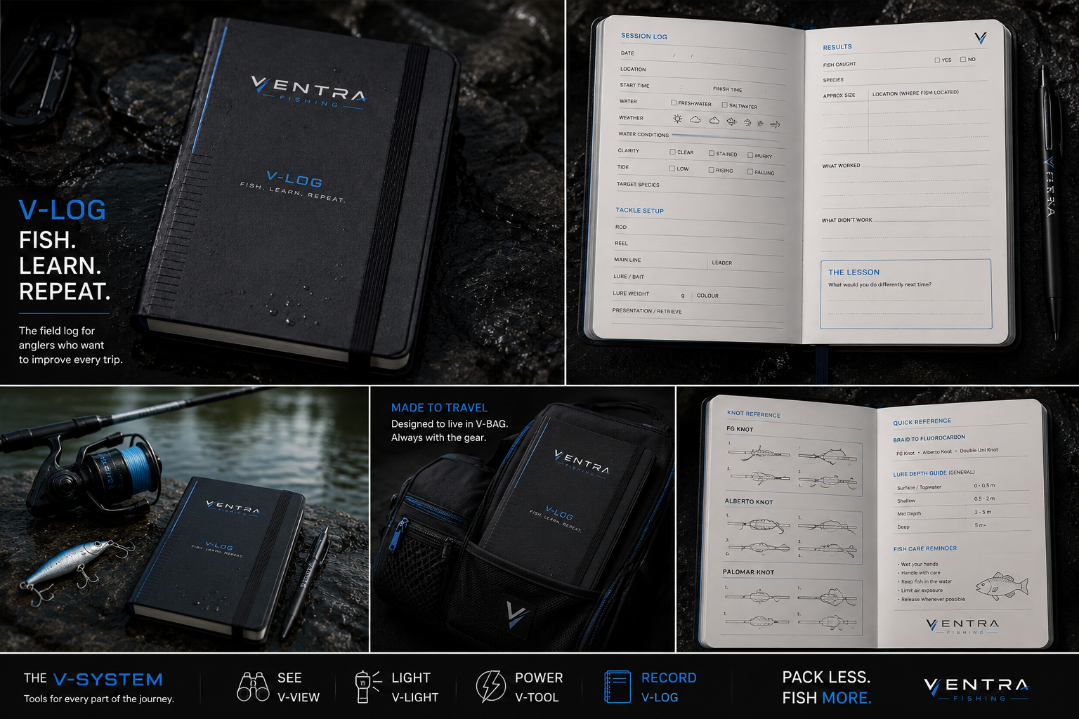 V-LOG panel board: session log and results spread, THE LESSON prompt, knot and quick-reference pages, and V-LOG packed in V-BAG