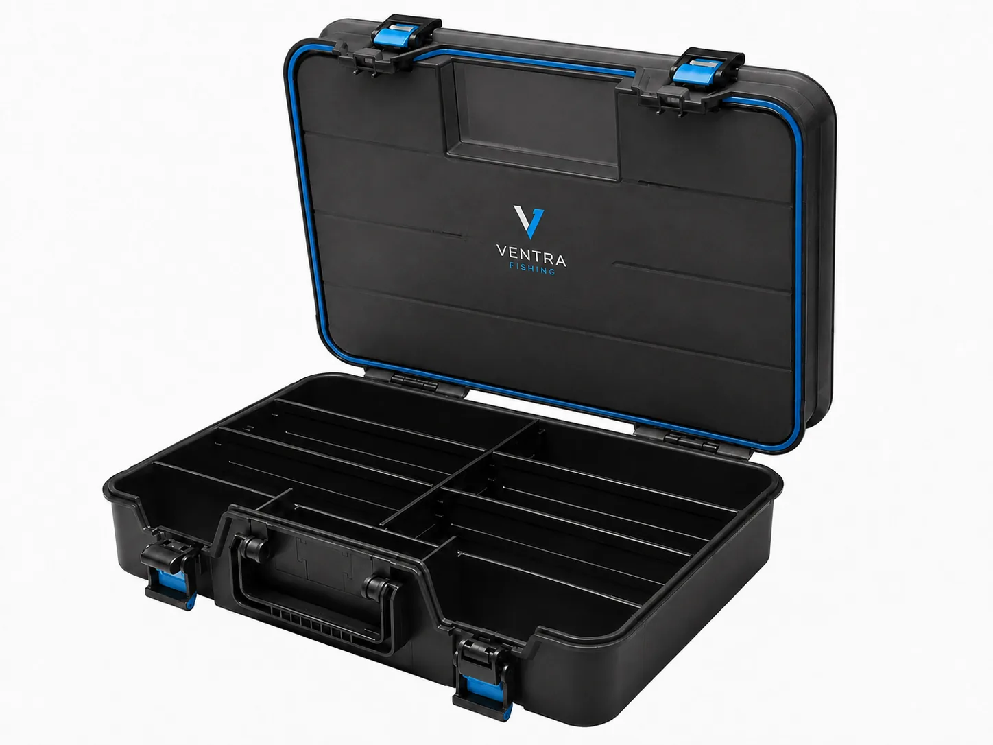 V-BOX GO opened to show configurable compartments and the blue sealing gasket