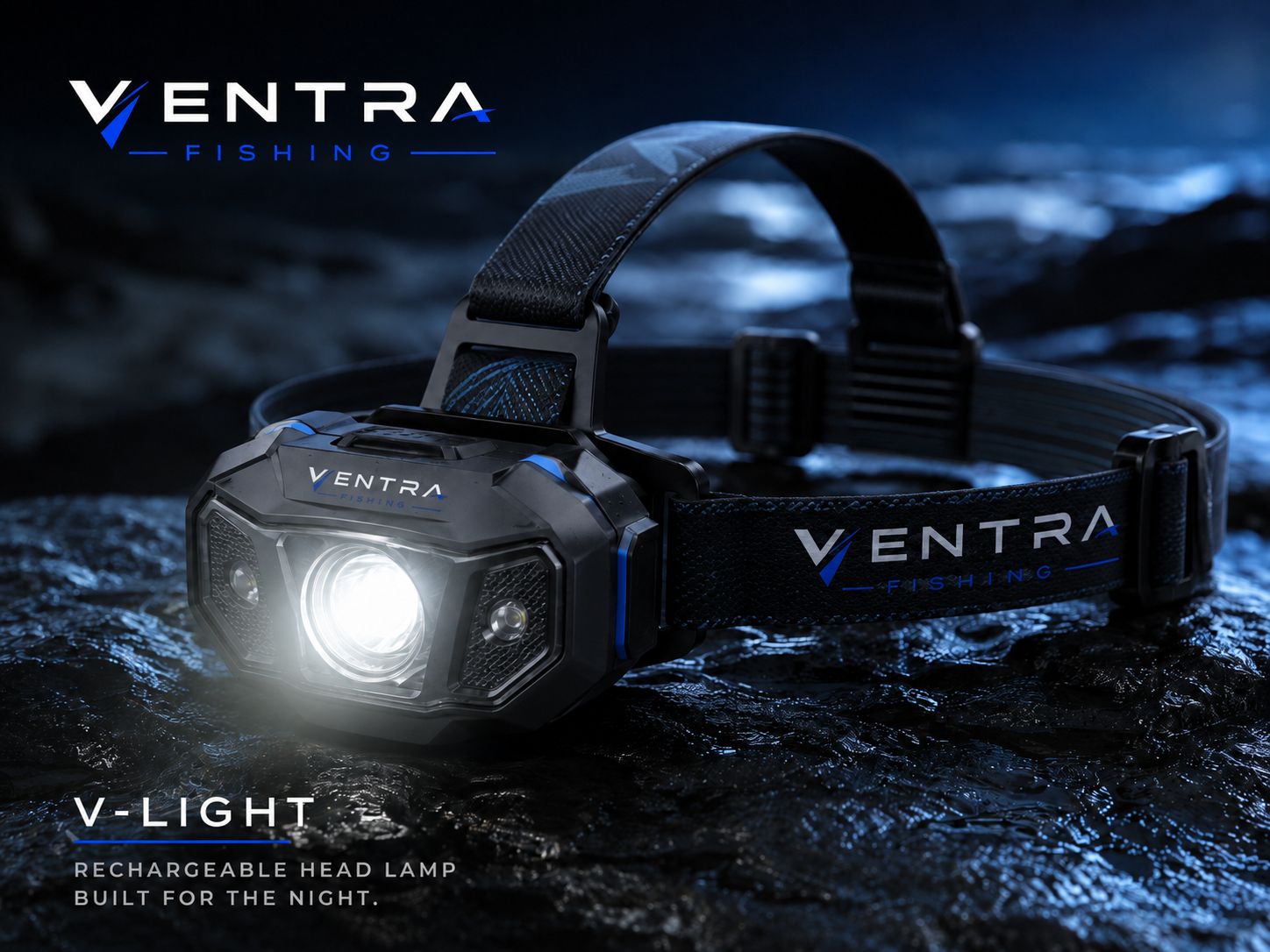 V-LIGHT rechargeable fishing headlamp on wet rock, main beam lit, with Ventra Fishing branding
