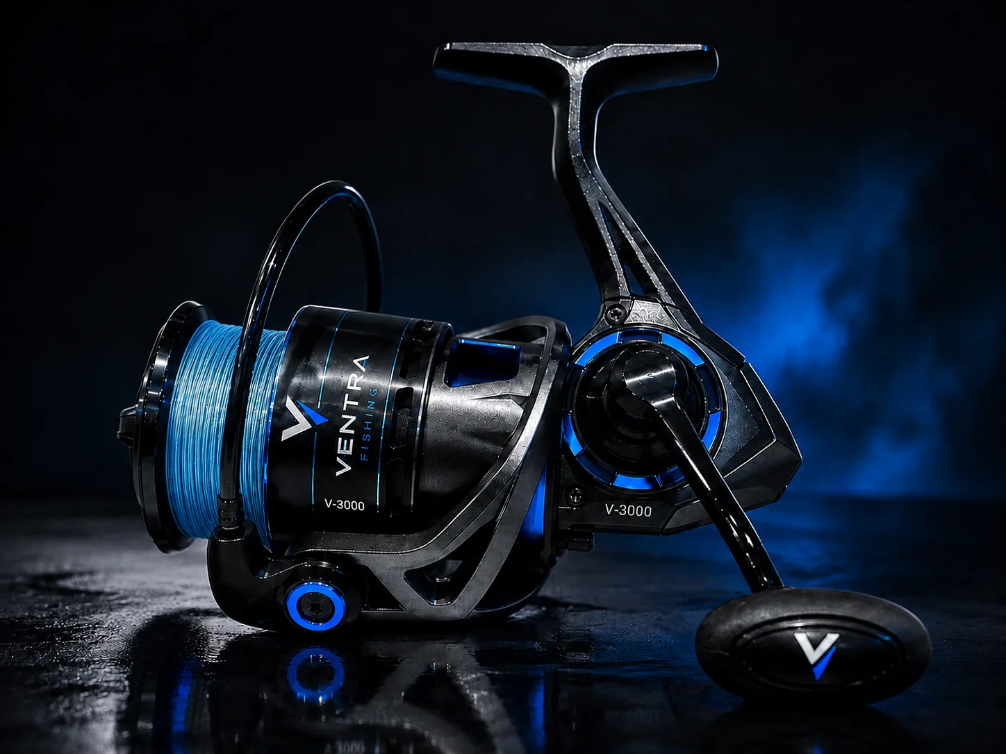 V-3000 spinning reel three-quarter studio view on a wet dark surface